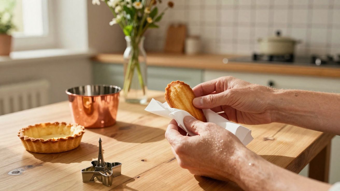 Hands holding a pastry over a wooden kitchen table with baking tins and flower vase in the background.