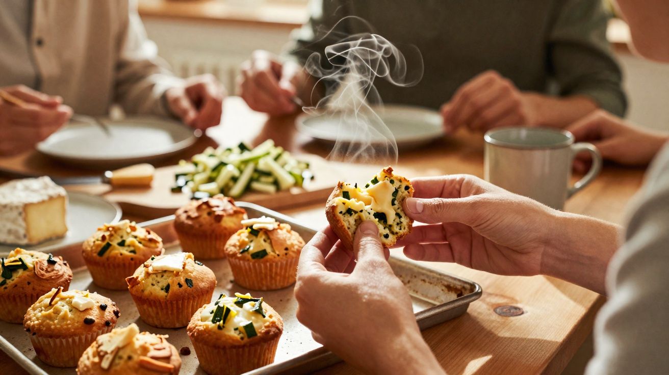Hands breaking a steaming cheese and herb muffin over a tray of freshly baked muffins on a wooden table.