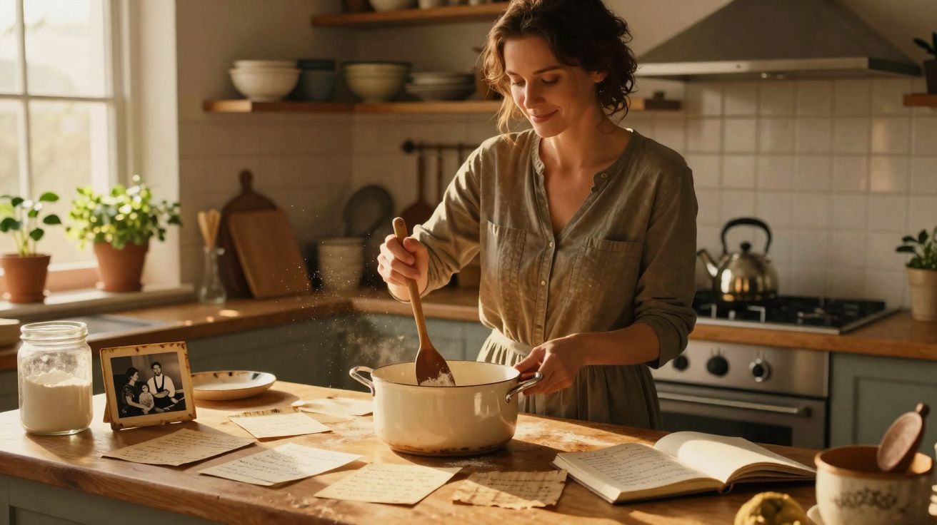 Woman stirring a pot in a cosy kitchen surrounded by recipe notes and cookbooks on a wooden countertop.