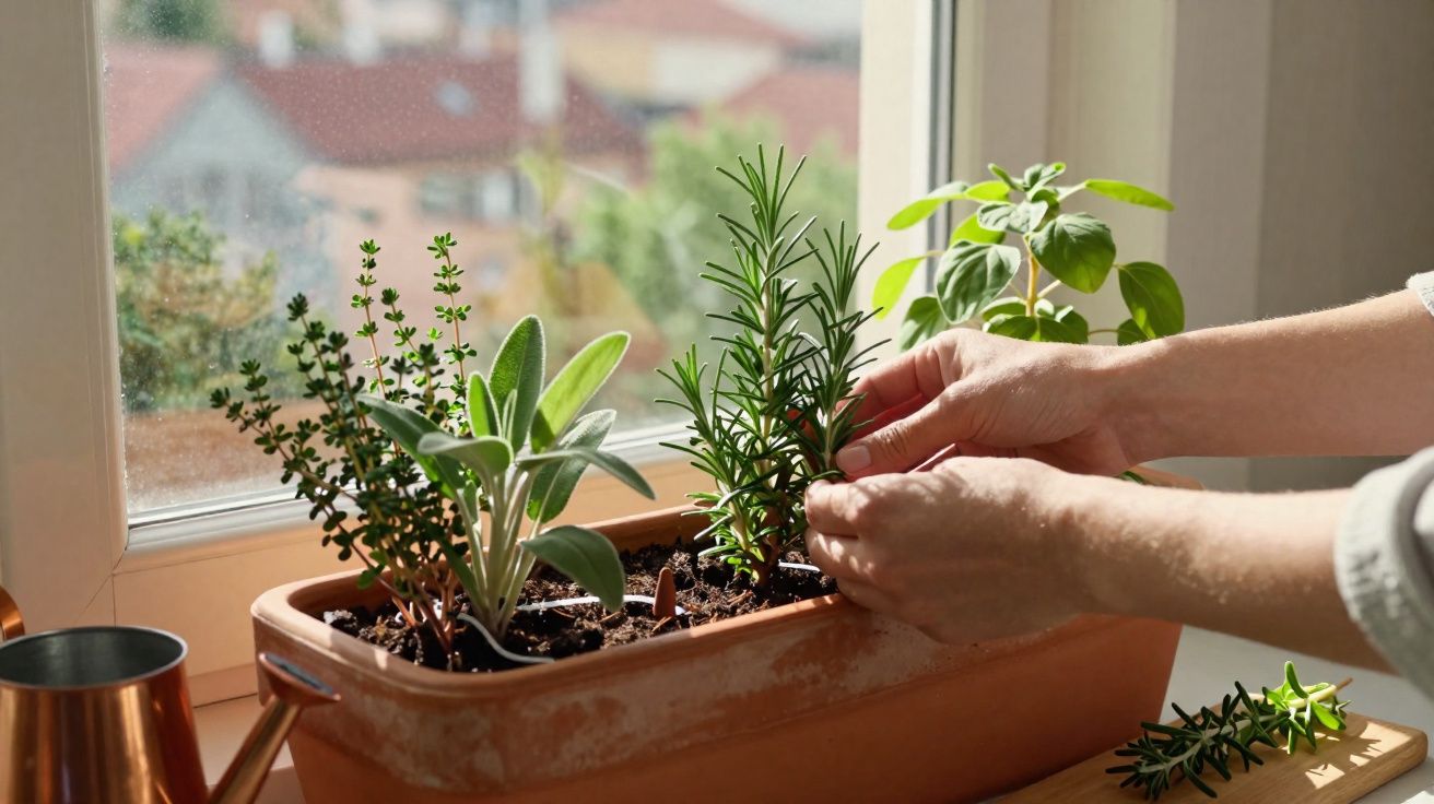 Hands tending to potted herbs by a sunny window with rosemary, sage, basil, and thyme plants.