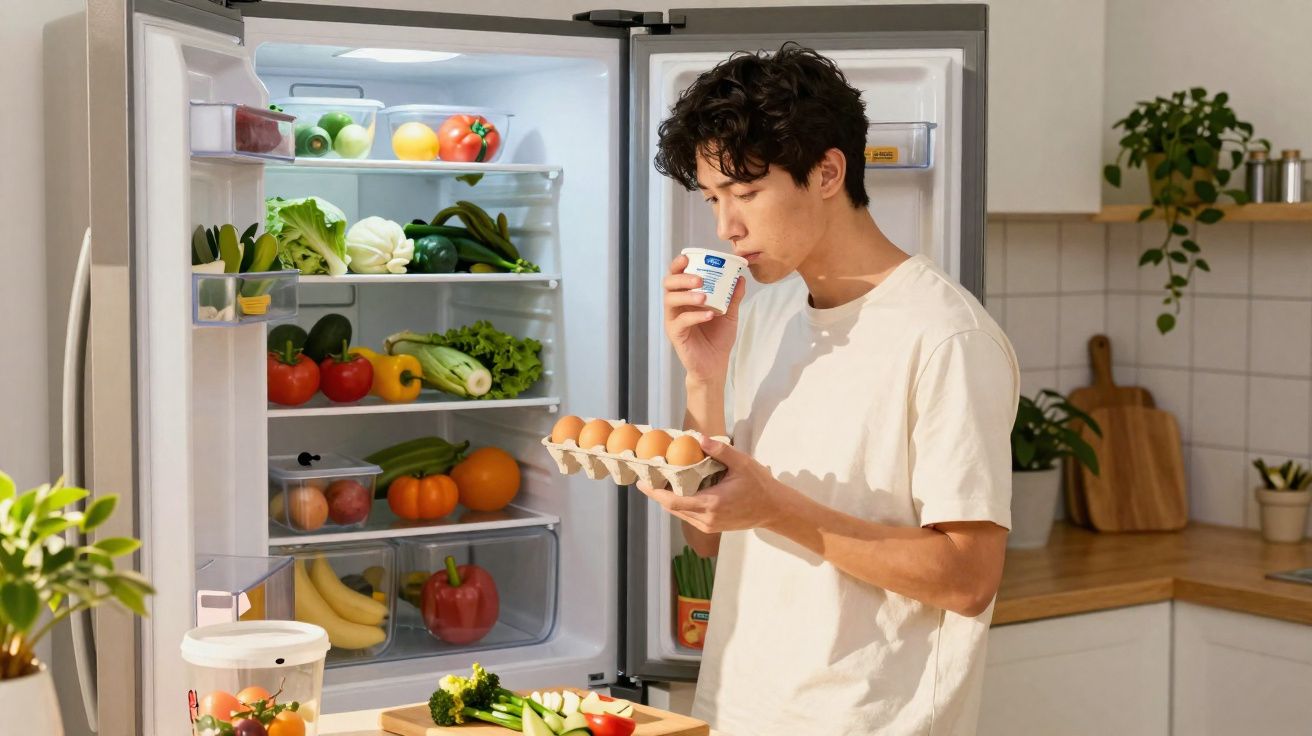 Young man holding eggs and smelling a yogurt pot in a kitchen with an open fridge full of fresh produce.