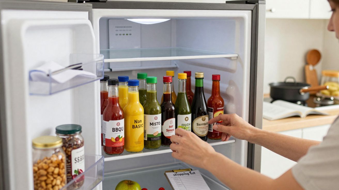 Person organising various bottles of sauces and condiments in a fridge in a kitchen setting.