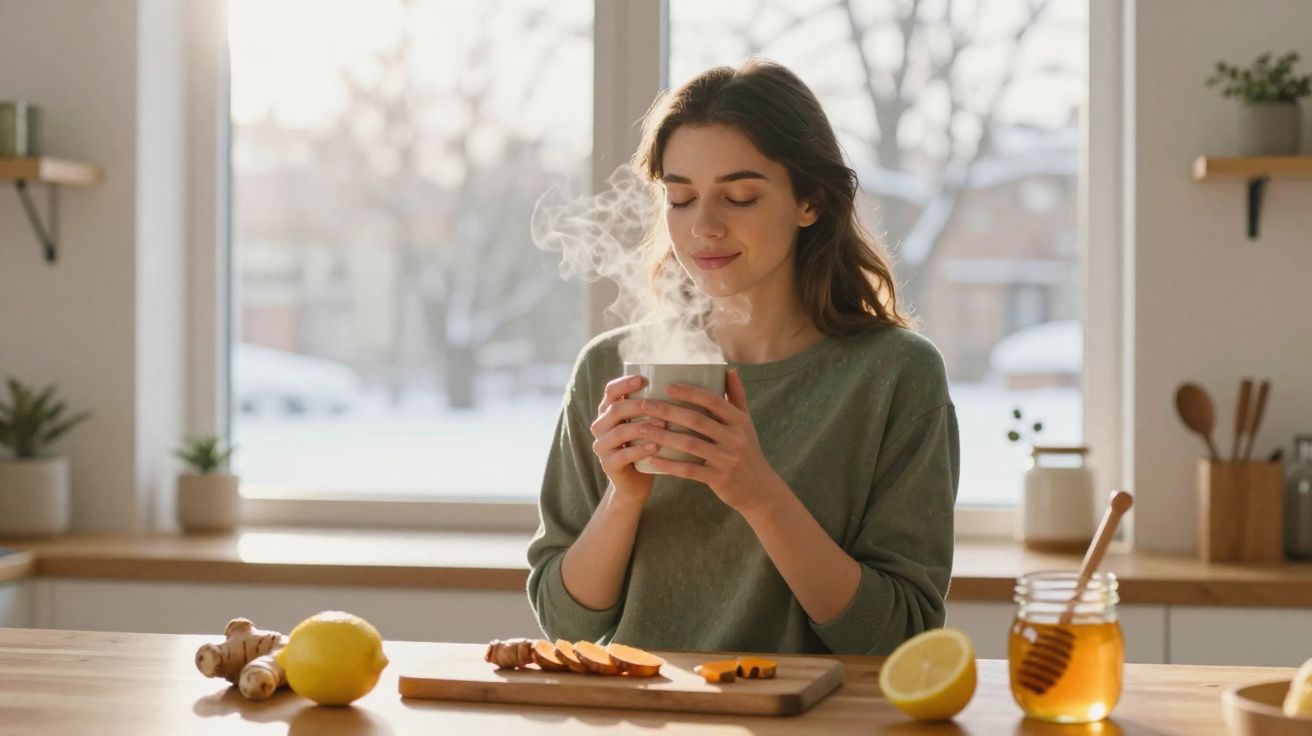 Young woman enjoying a hot drink in a cosy kitchen with ingredients like lemon, ginger, and honey on the table.