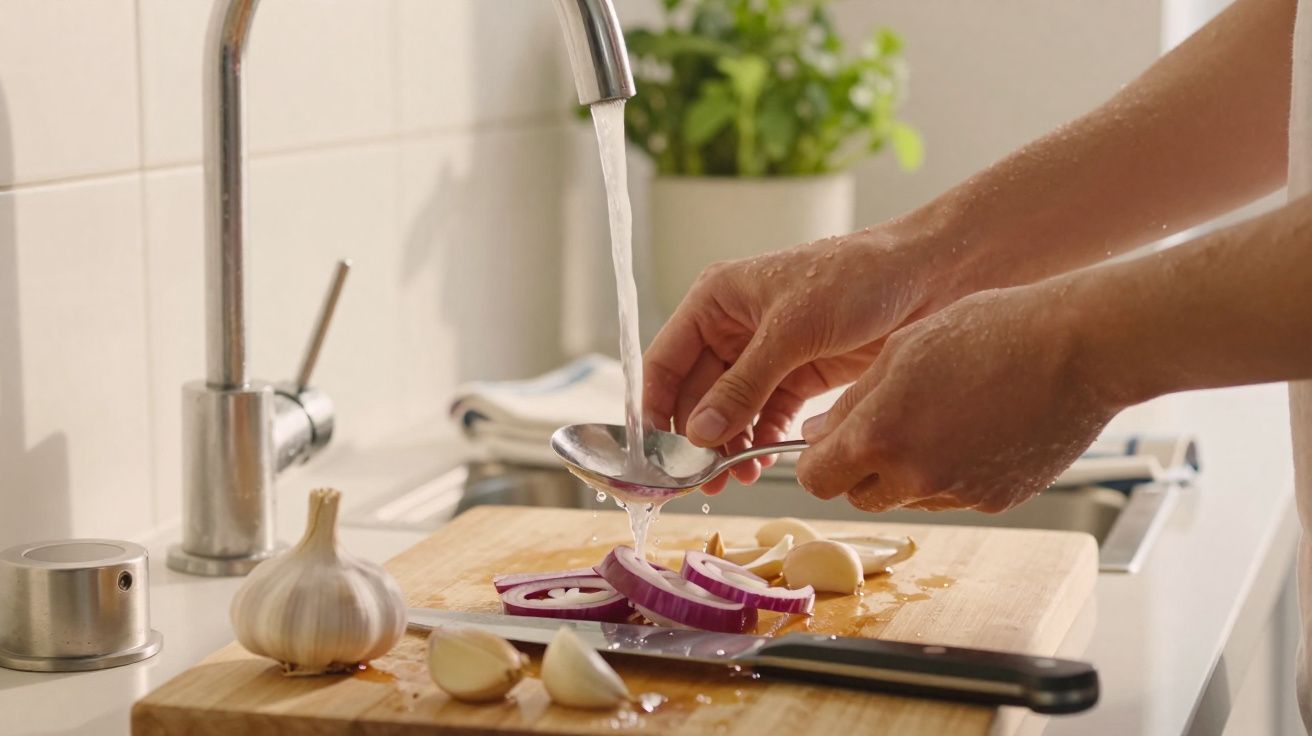 Hands rinsing sliced red onion in a spoon under running tap water in a kitchen setting.
