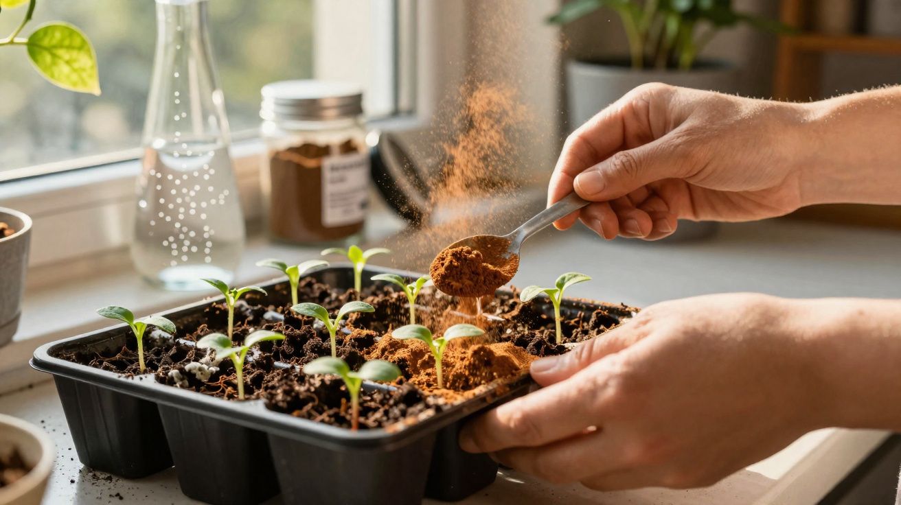Hands sprinkling powdered fertilizer onto young seedlings in a seed tray on a sunlit windowsill.