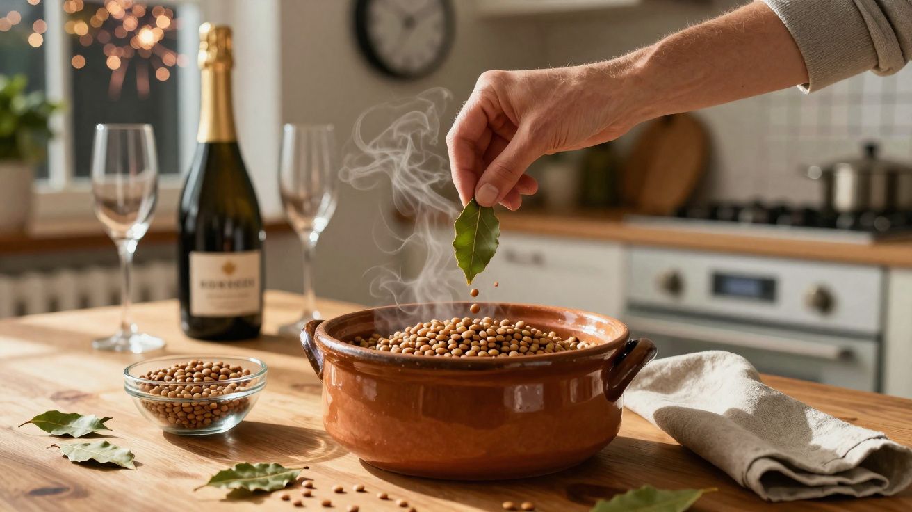 Hand adding bay leaf to steaming brown beans in a ceramic pot on a wooden kitchen counter with wine glasses.