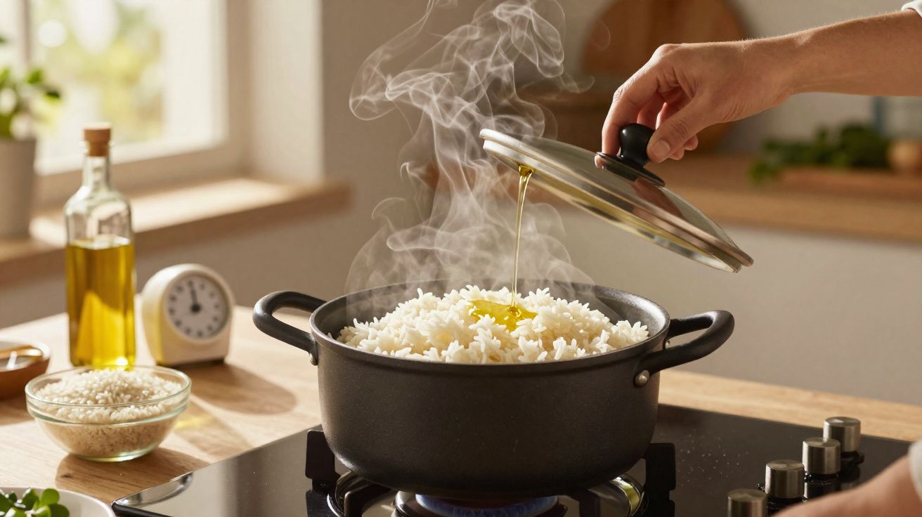 Steaming white rice cooking in a pot on a stove with oil being poured from a hand in a bright kitchen.