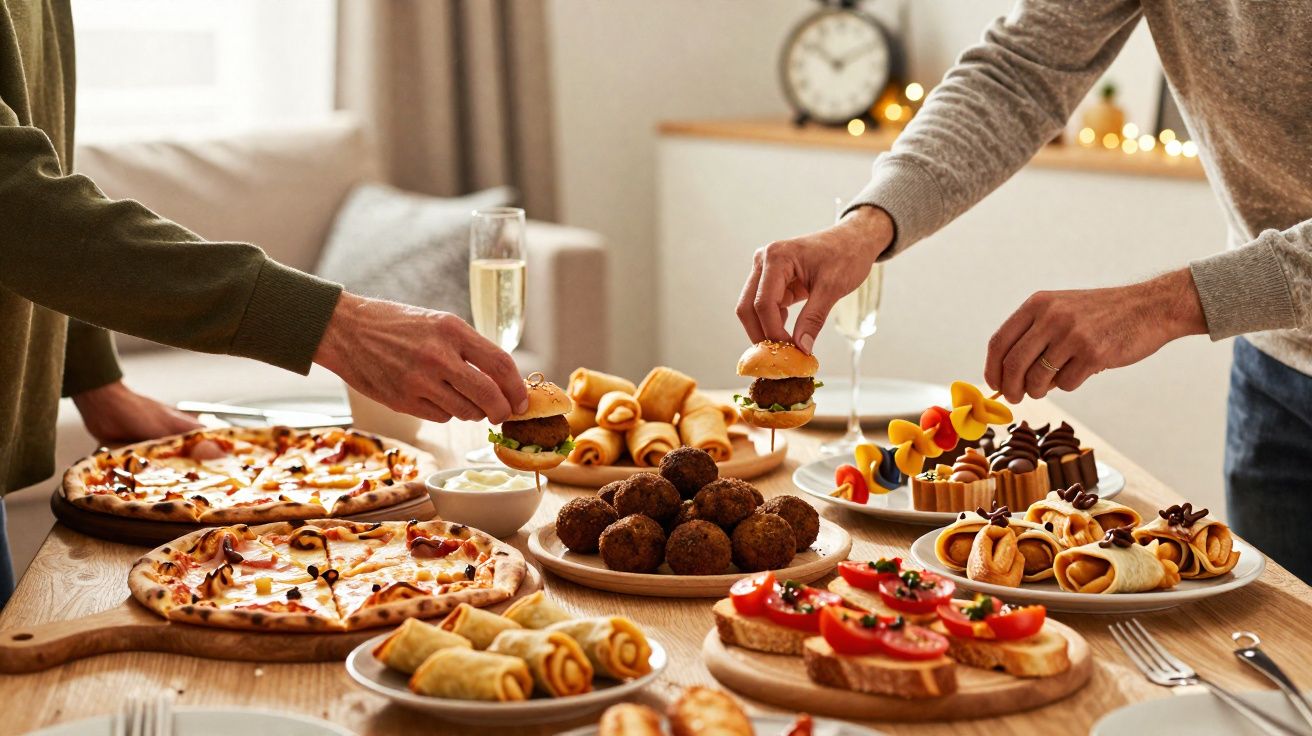 Two people reaching for mini burgers among assorted party food on a wooden table in a cosy room.
