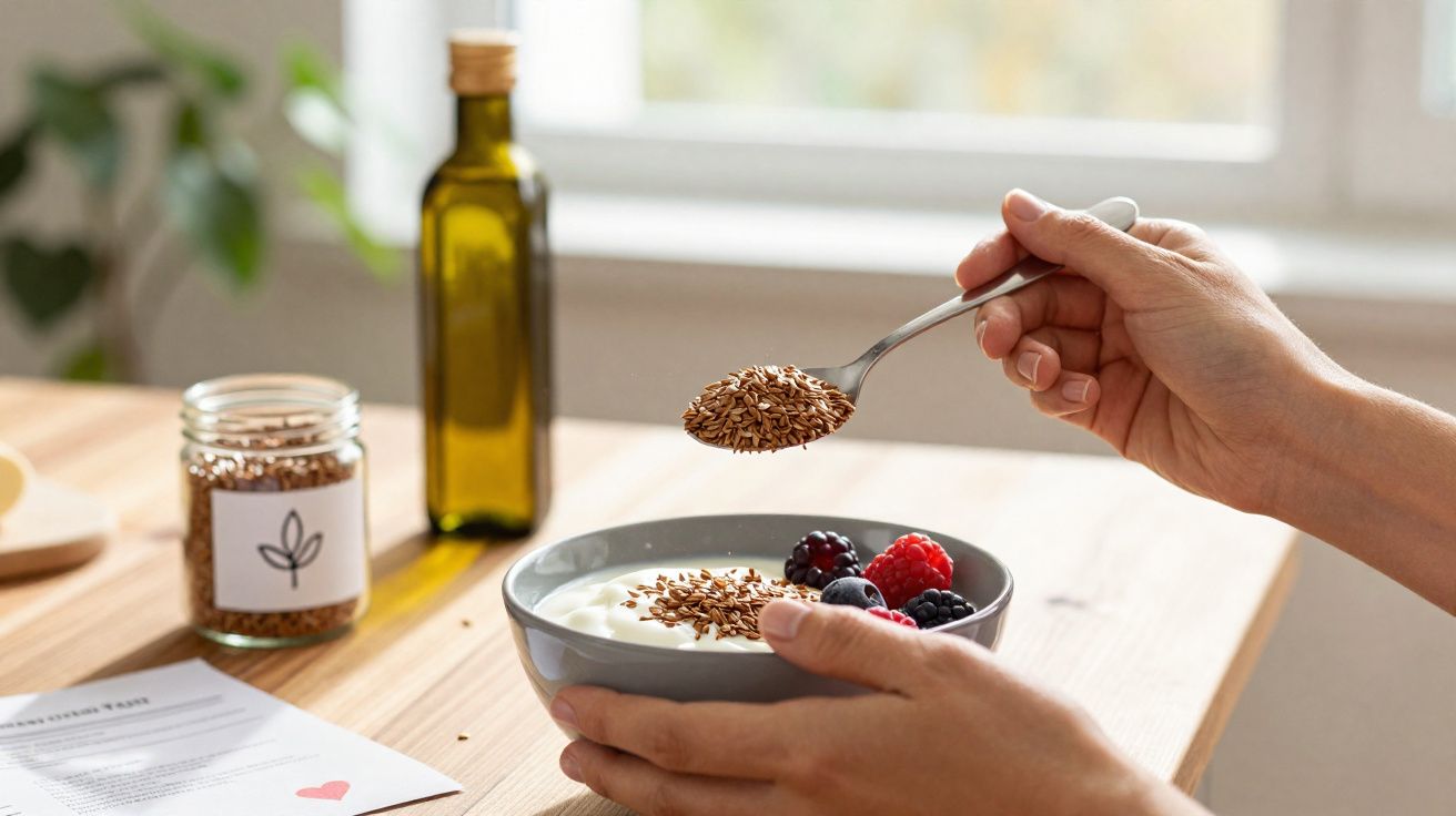 Hands holding a bowl of yogurt with berries and spoonful of flaxseeds over a wooden table near a window.