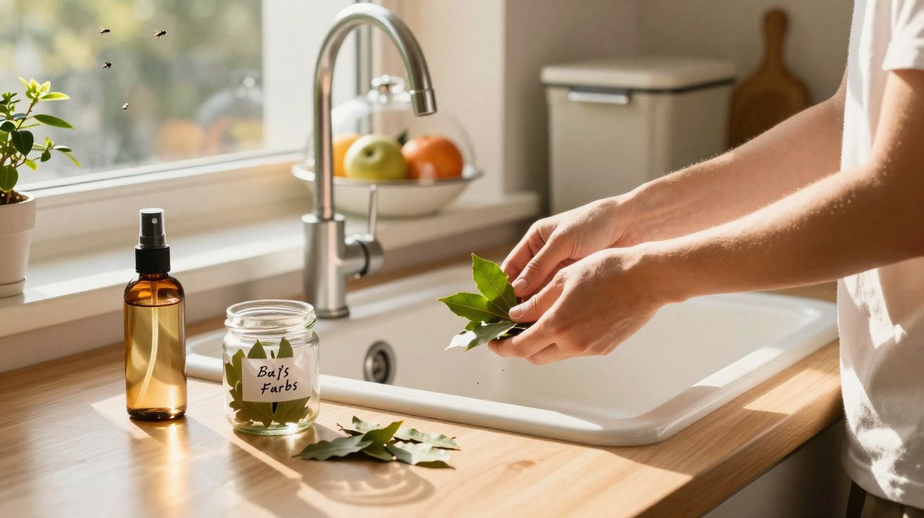 Hands holding and preparing bay leaves over a kitchen sink with a jar labelled Bay's Herbs nearby.