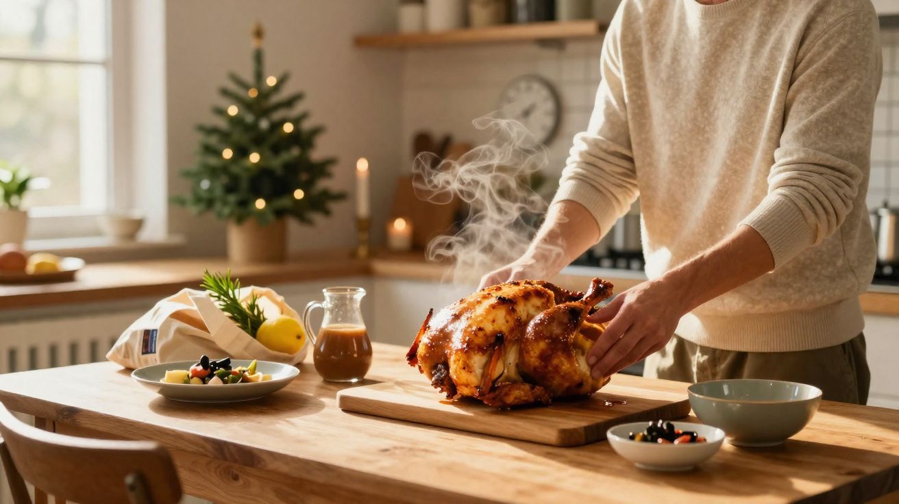 Person placing a steaming roasted chicken on a wooden board in a kitchen with a small lit Christmas tree in the background