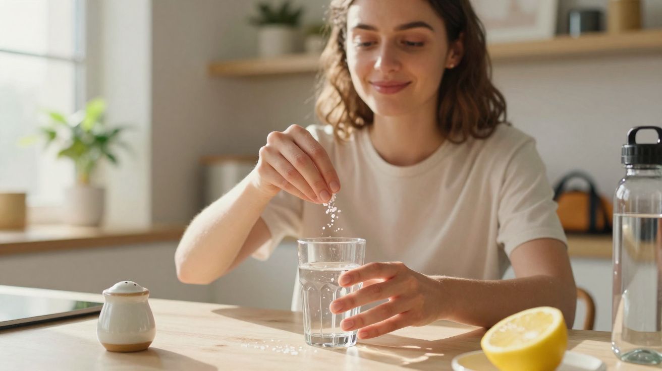 Young woman adding salt or tablets to a glass of water at a sunlit kitchen table with lemon nearby.