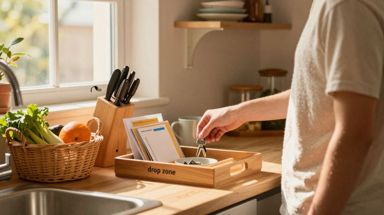 Person placing keys in a wooden tray labeled "drop zone" on a sunny kitchen countertop.
