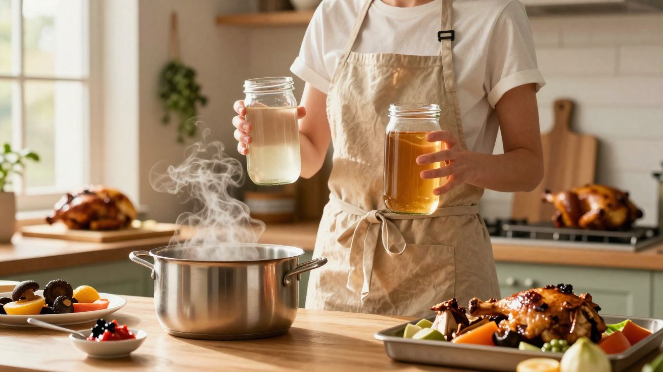 Person in apron holding two jars over a steaming pot in a kitchen with roasted chickens and vegetables.