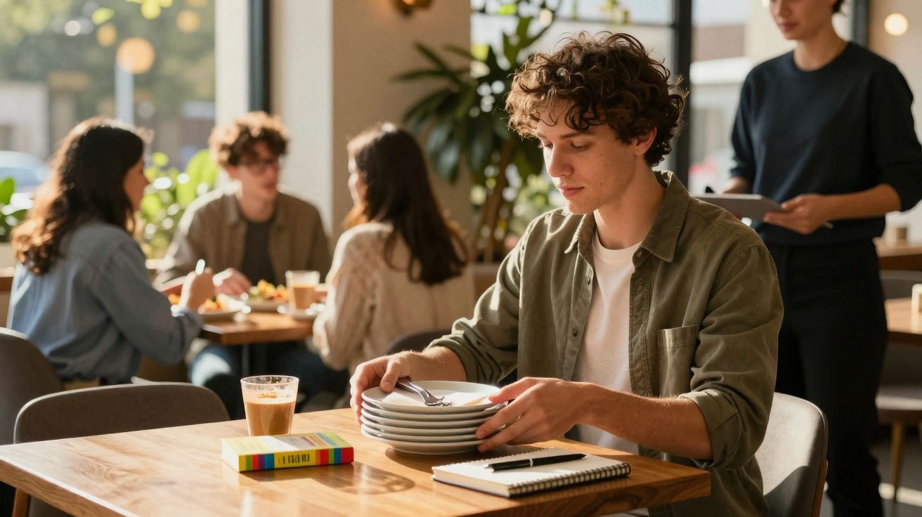 Young man stacking empty plates at a table in a cosy café with people dining in the background.