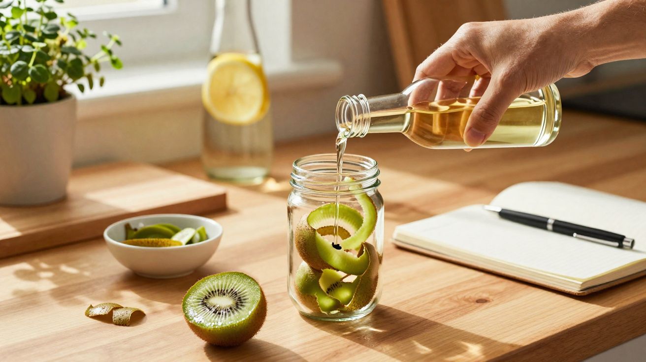 Hand pouring liquid into a jar with kiwi slices on a wooden kitchen table near notebook and plant.