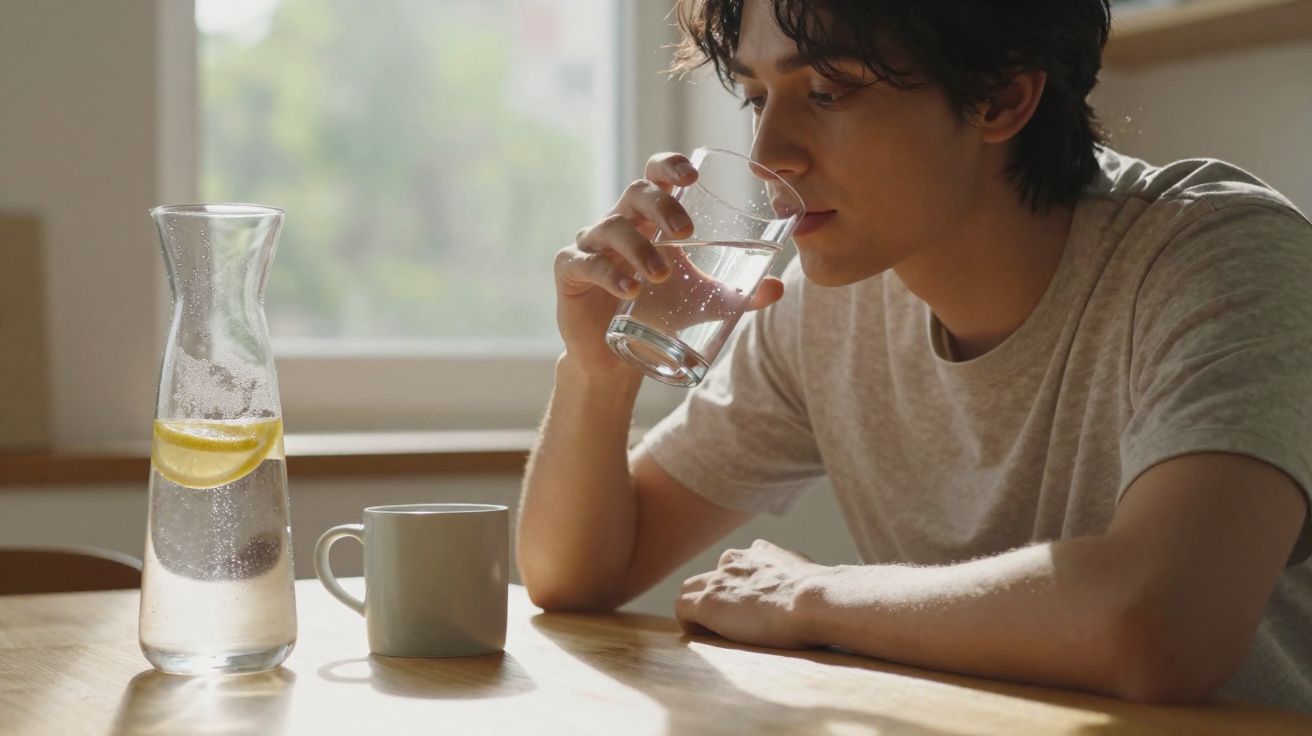 Young man in a grey t-shirt drinking a glass of water at a wooden table with a jug of lemon water and a mug nearby