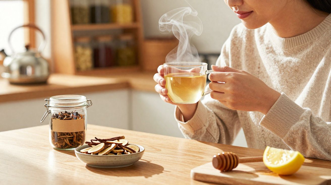 Person holding a steaming cup of herbal tea at a wooden table with dried herbs, lemon, and honey.