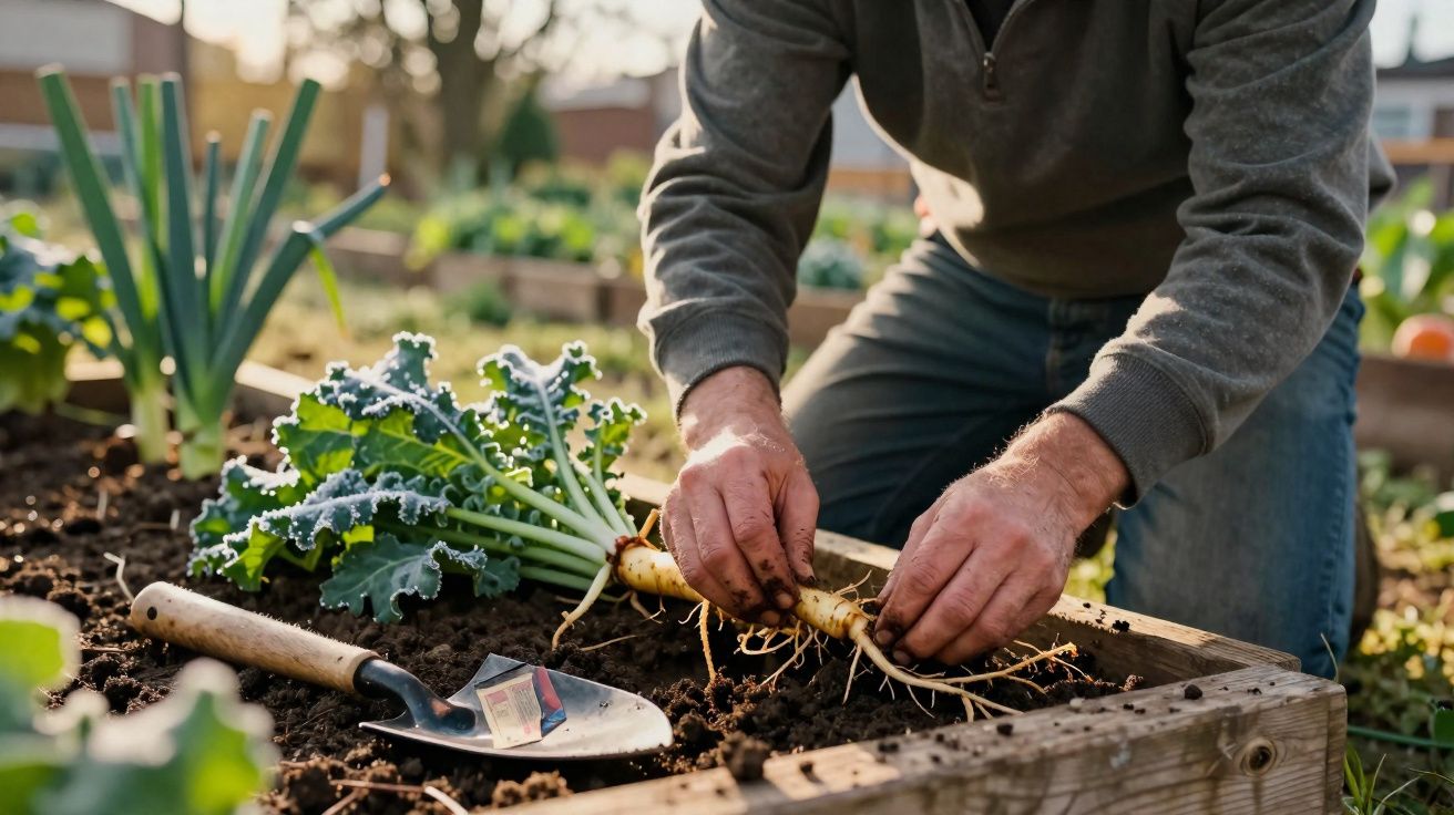 Person harvesting a parsnip in a raised garden bed with gardening trowel nearby.