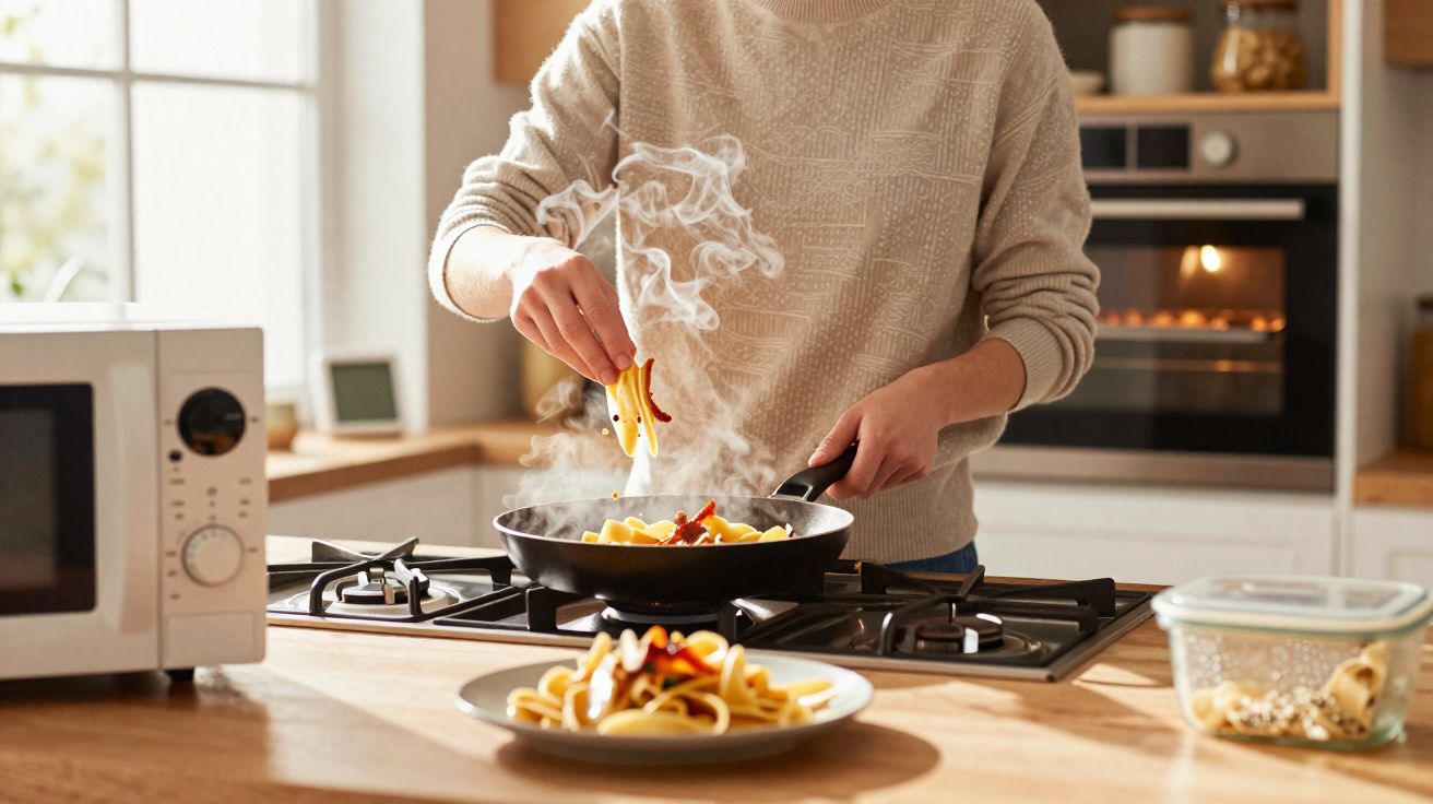 Person cooking pasta with red peppers in a frying pan on a gas stove in a modern kitchen.