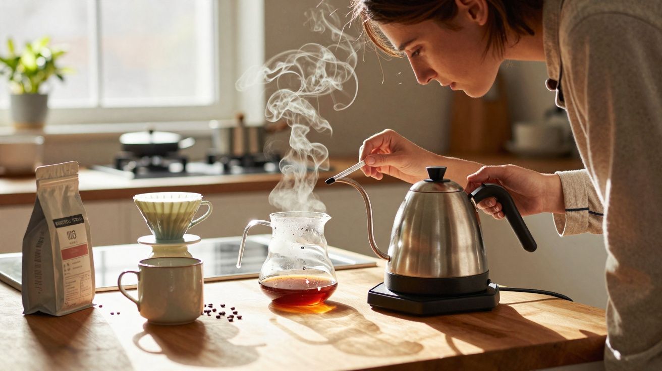 Person brewing pour-over coffee using a gooseneck kettle and glass server on a wooden kitchen table.