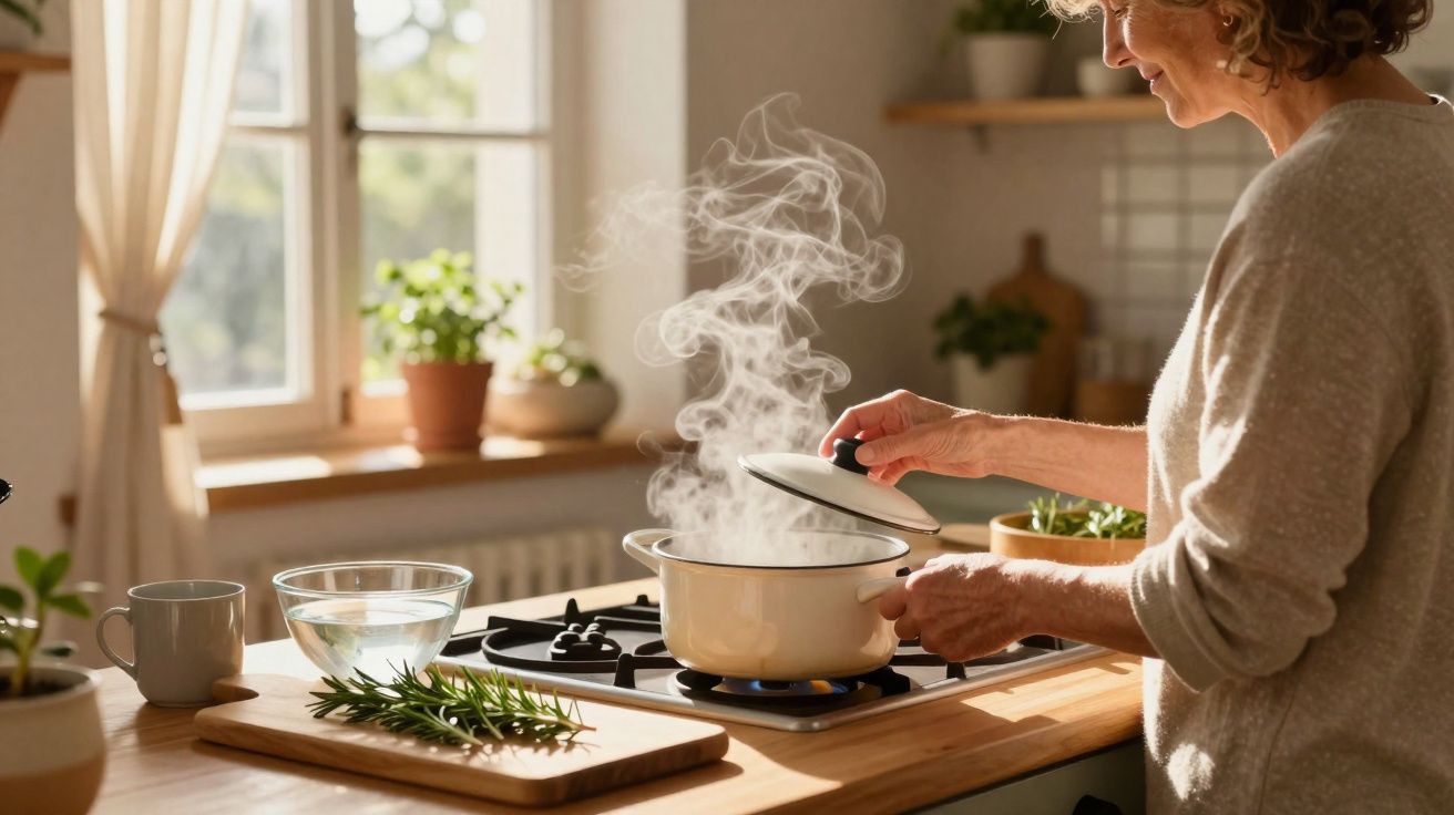 Woman lifting lid off steaming pot on gas stove in bright kitchen with potted plants and herbs.