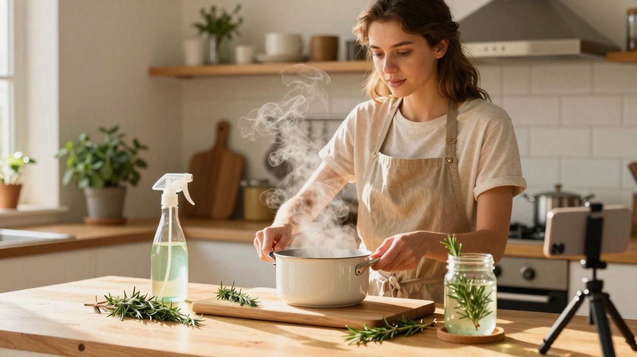 Young woman cooking with steaming pot and fresh herbs in a bright, modern kitchen.