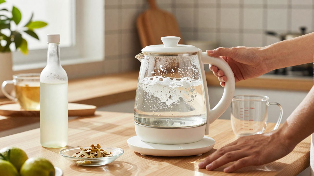 Hand holding a clear electric kettle boiling water on a wooden kitchen counter near ingredients and a glass.