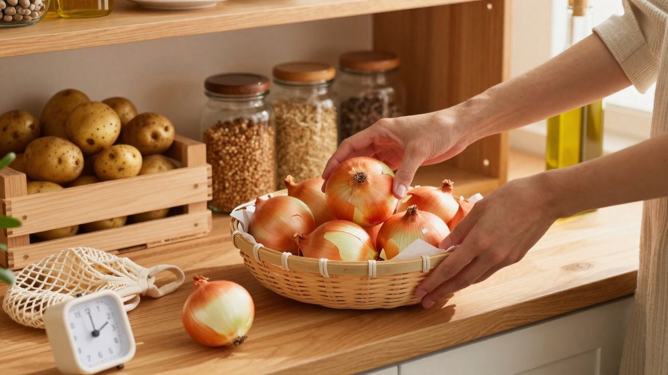 Person's hands placing onions in a wicker basket on a wooden kitchen countertop with potatoes and jars in the background.