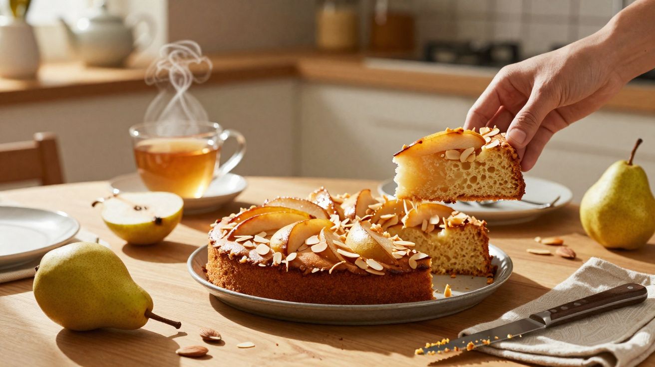 Hand removing a slice of pear and almond cake on a wooden table with pears and steaming tea nearby.