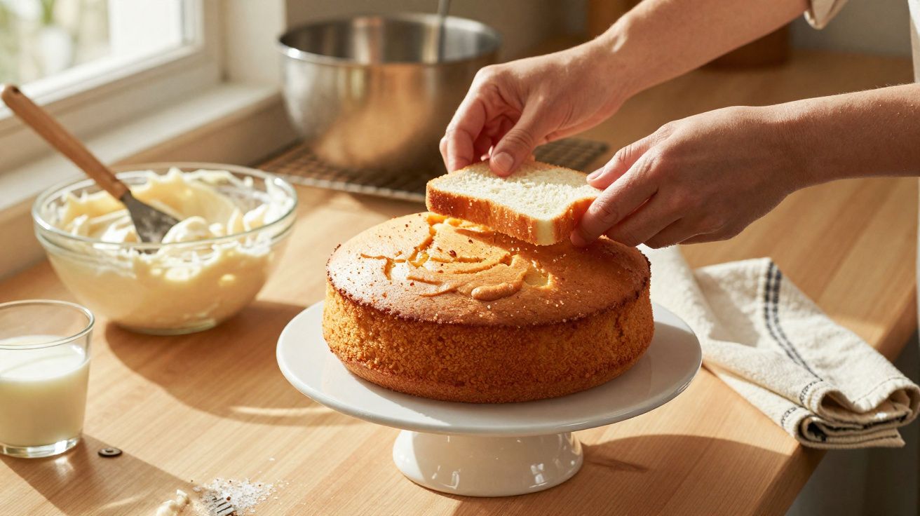 Hands spreading frosting on a round sponge cake with a slice of bread on a cake stand in natural light.