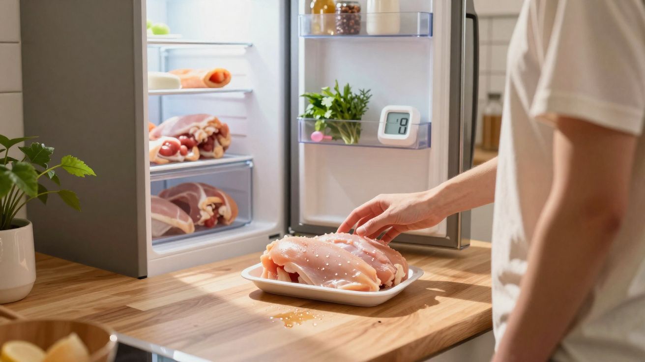 Person placing raw salted chicken on wooden kitchen counter near open fridge with food inside and a kitchen timer on door she