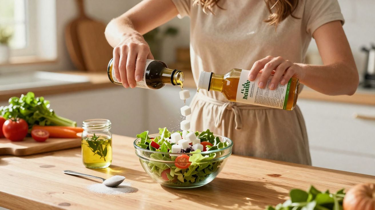 Person pouring olive oil and vinegar over a fresh salad with feta cheese in a glass bowl in a kitchen.