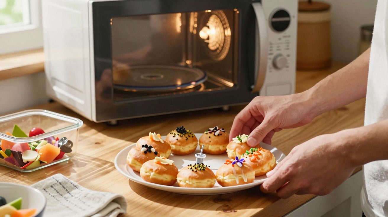 Person placing a plate of decorated mini doughnuts on a wooden kitchen counter next to a microwave.