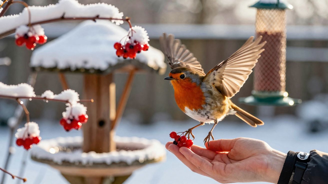 Robin with open wings perched on a hand holding red berries, snowy bird feeder and branches in background.