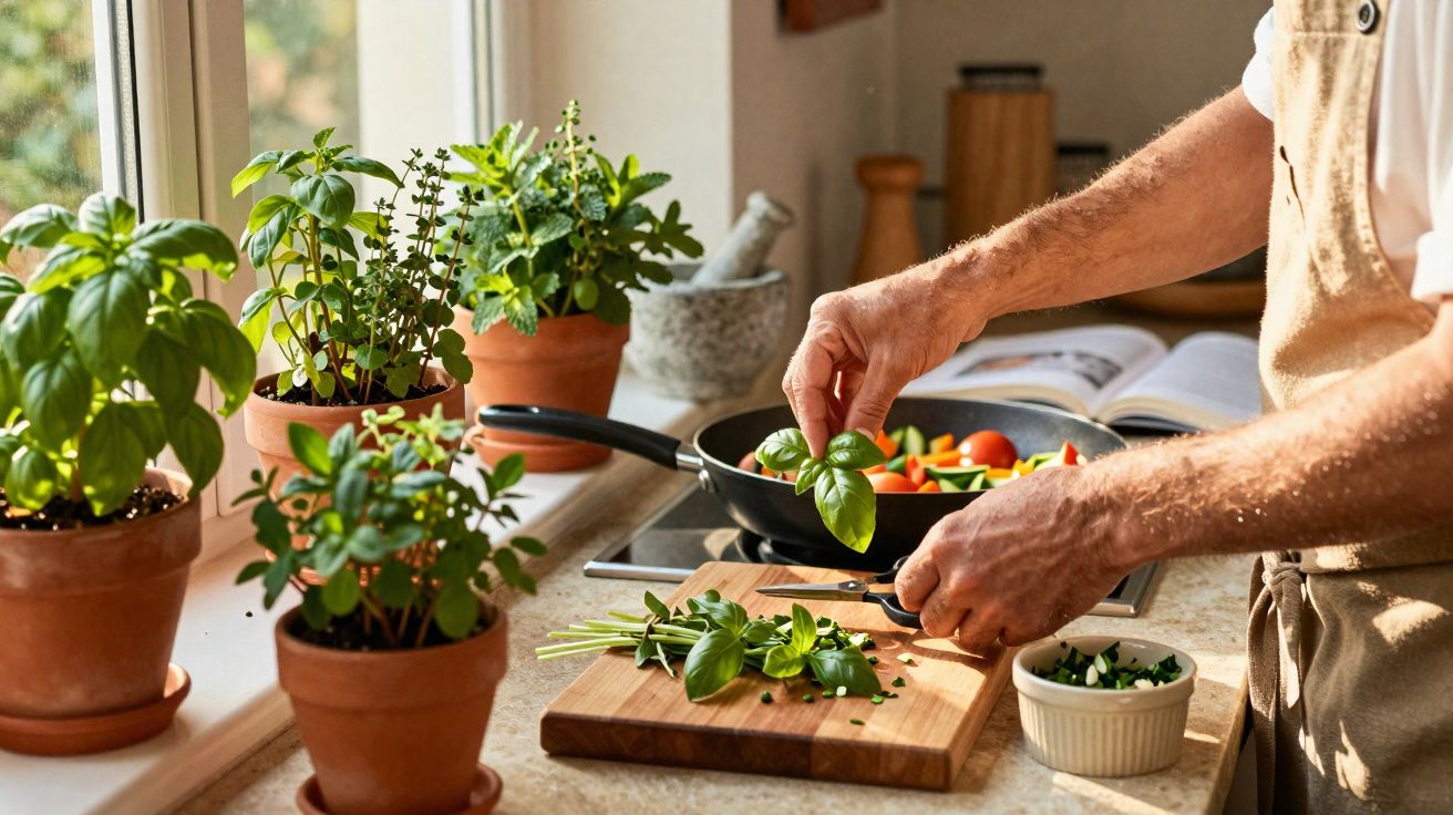 Person preparing fresh herbs on a wooden chopping board next to potted plants by a kitchen window.