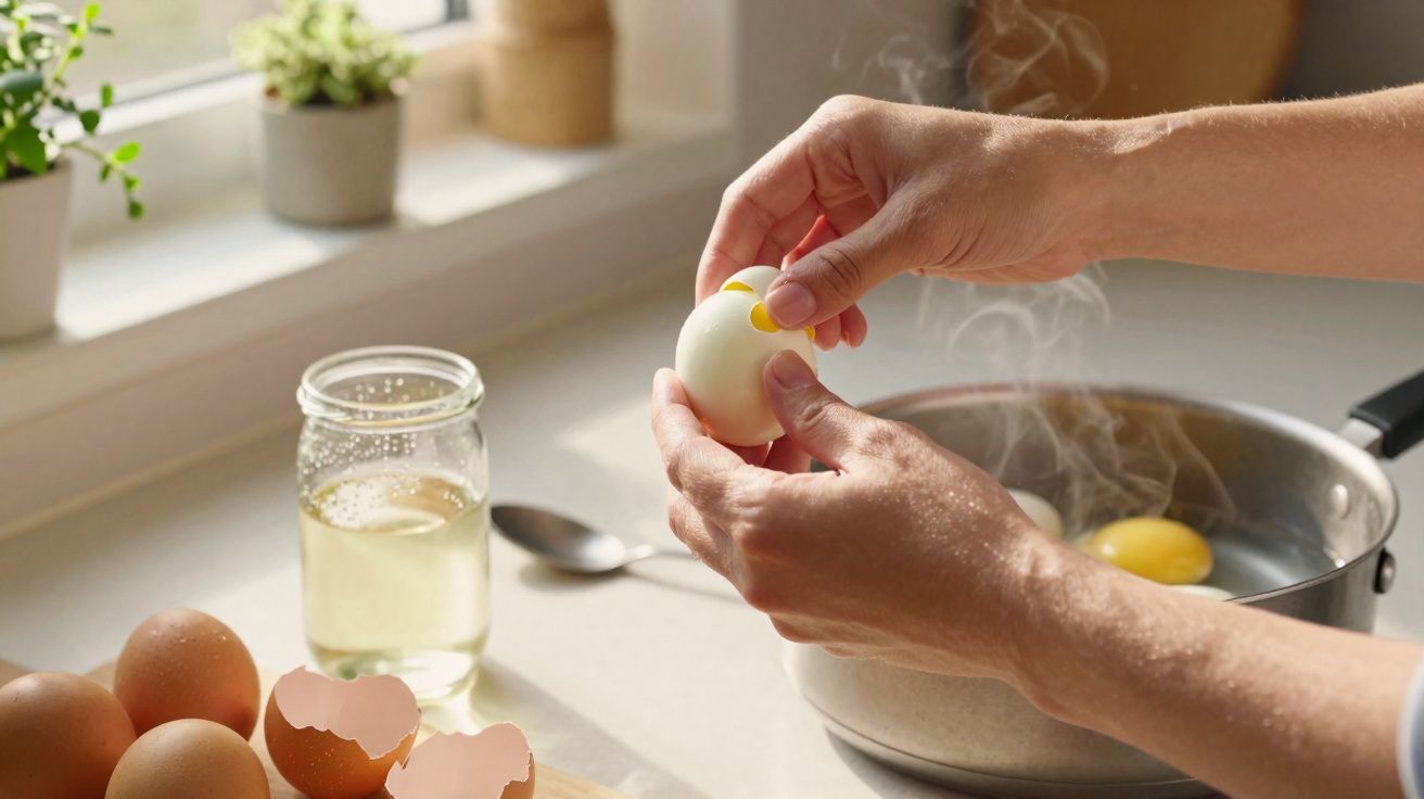 Hands peeling a cooked egg over a steaming pan with eggs boiling on a kitchen countertop.