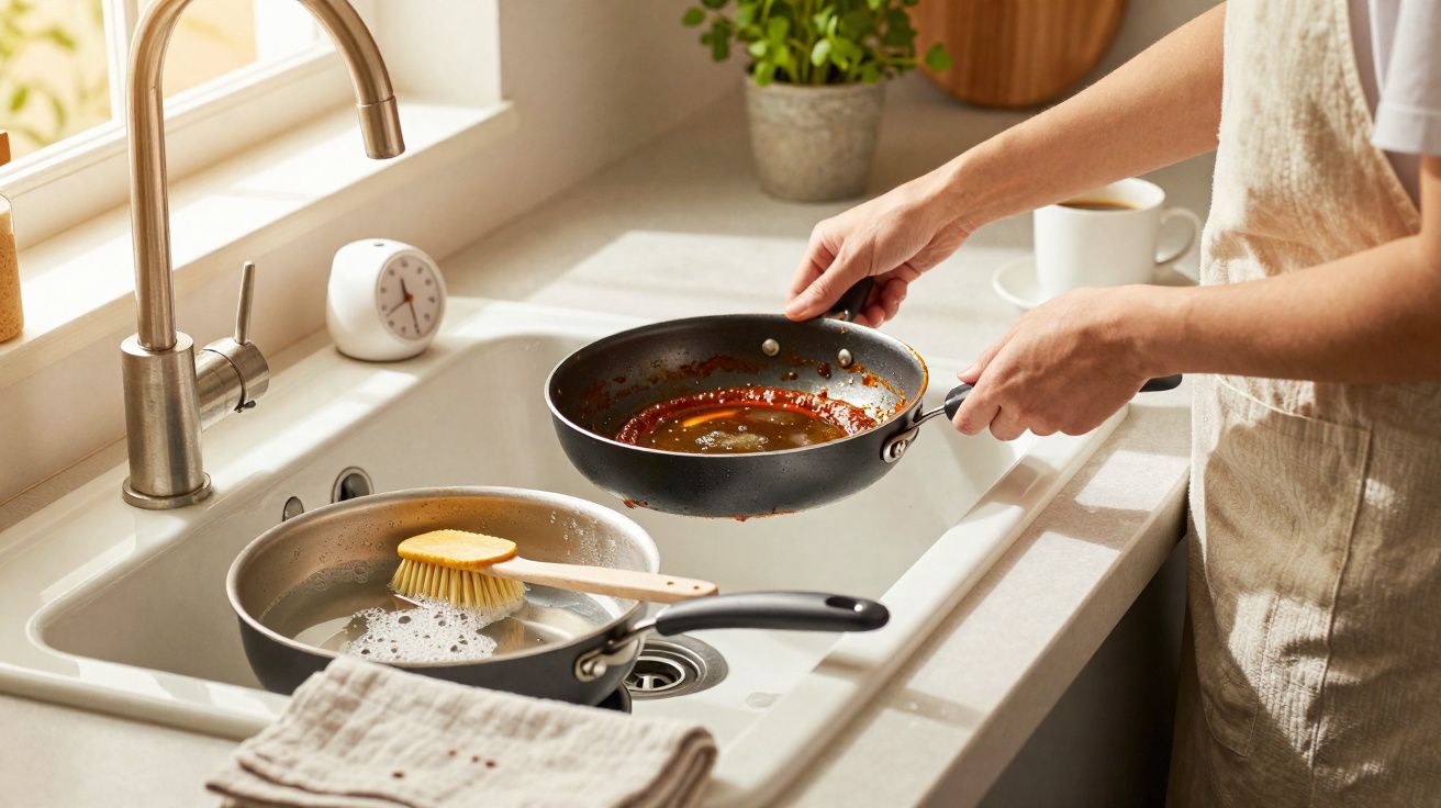 Person washing a frying pan in a kitchen sink with sunlight coming through the window.