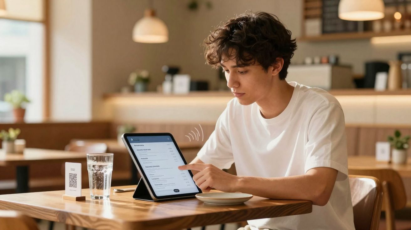 Young man browsing a digital menu on a tablet at a wooden table in a modern café.