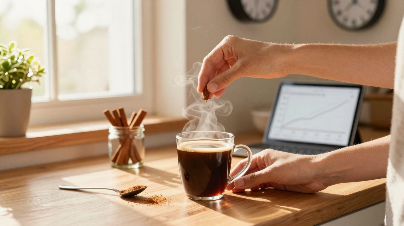 Hands sprinkling cinnamon into a steaming cup of coffee on a wooden desk with a laptop and plant nearby.