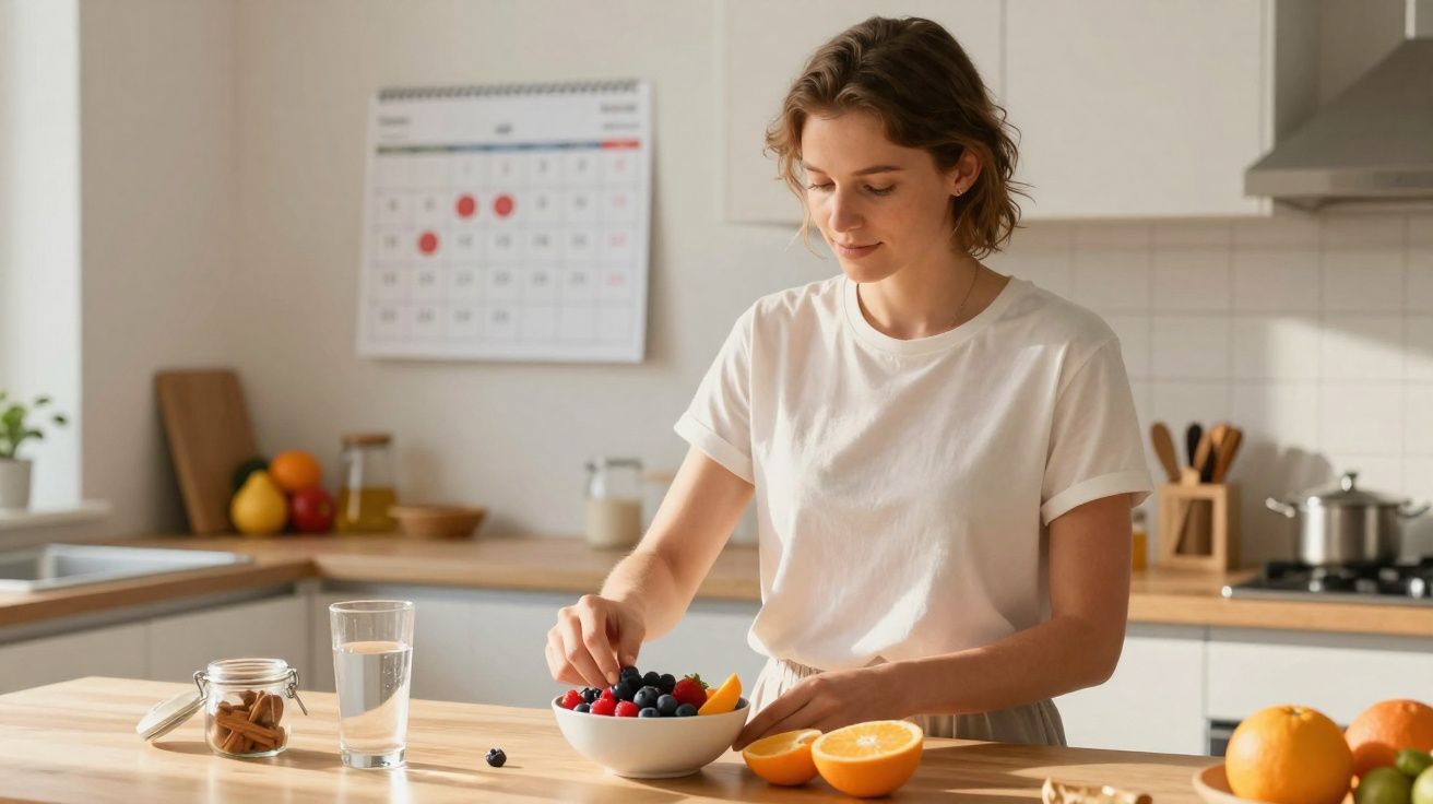 Young woman in white t-shirt preparing a bowl of fresh fruit in a modern kitchen with a wall calendar.