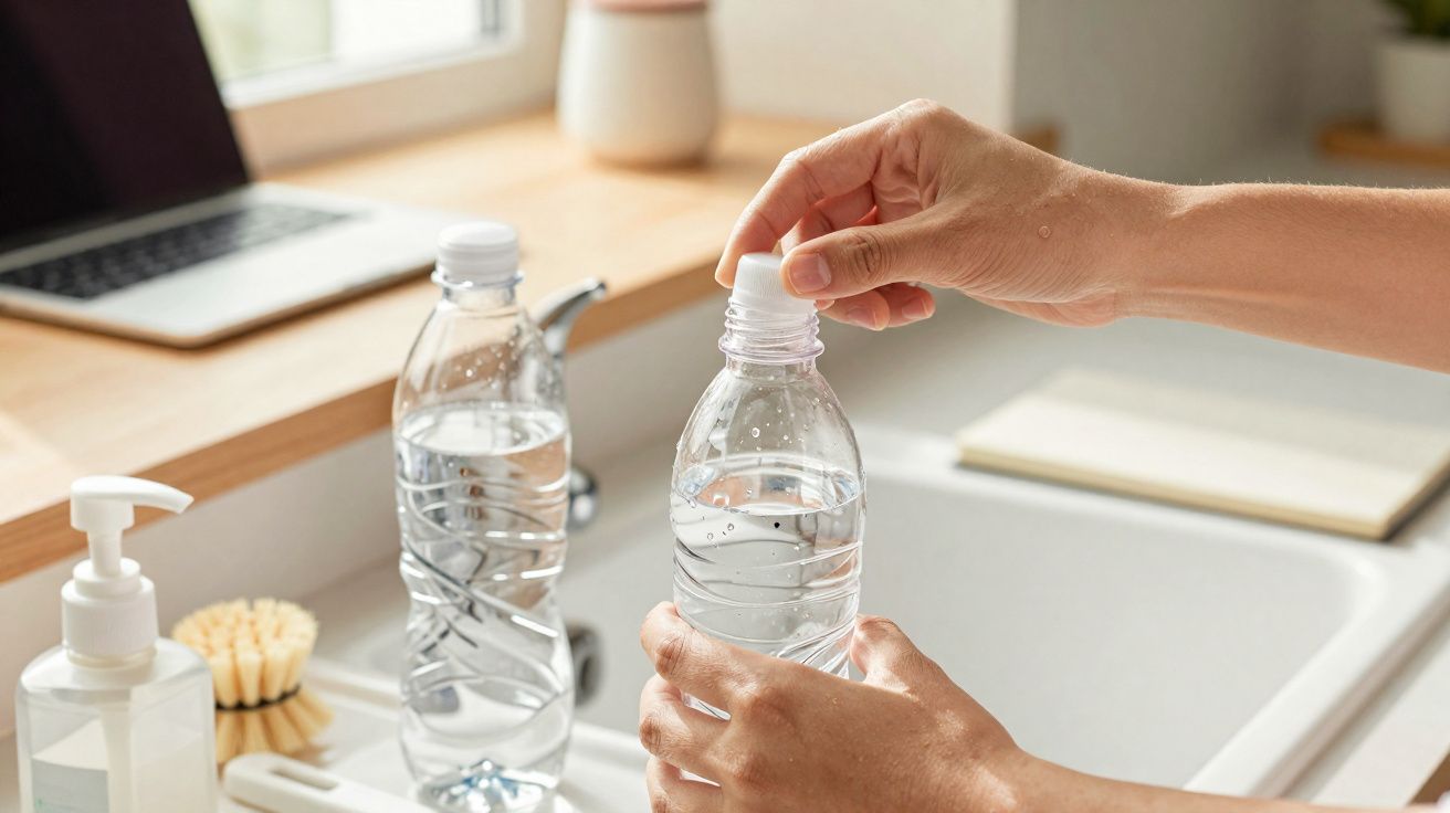 Person opening a plastic water bottle over a kitchen sink with another bottle and cleaning items nearby.