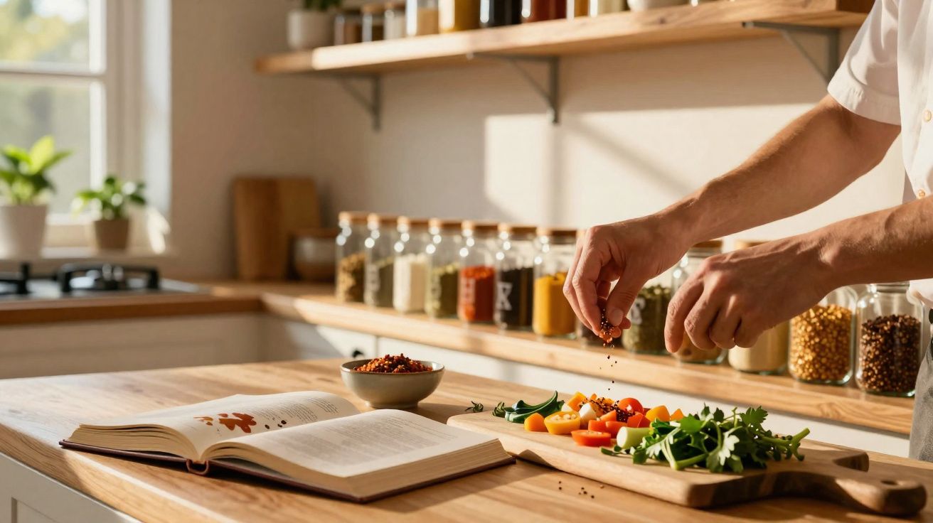 Person seasoning chopped vegetables on a wooden cutting board with an open cookbook on the kitchen counter.