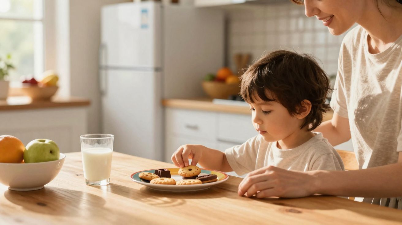 Young boy reaching for cookies on a plate while sitting at a kitchen table with a woman smiling nearby