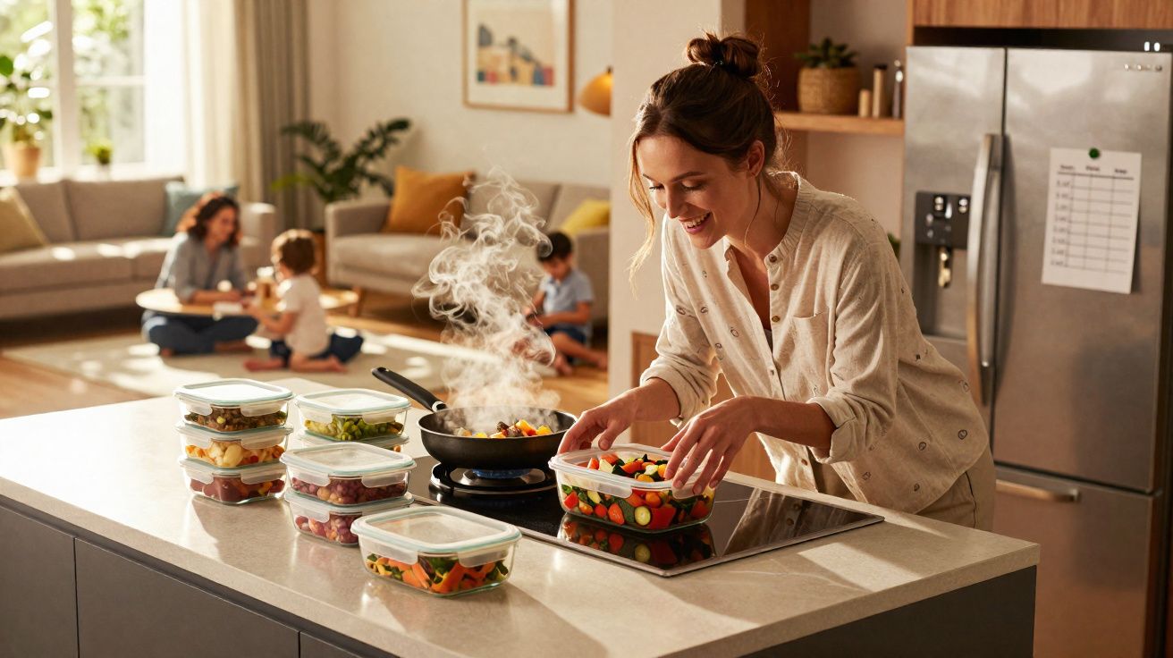 Woman preparing healthy meals in containers on kitchen island while children play in background