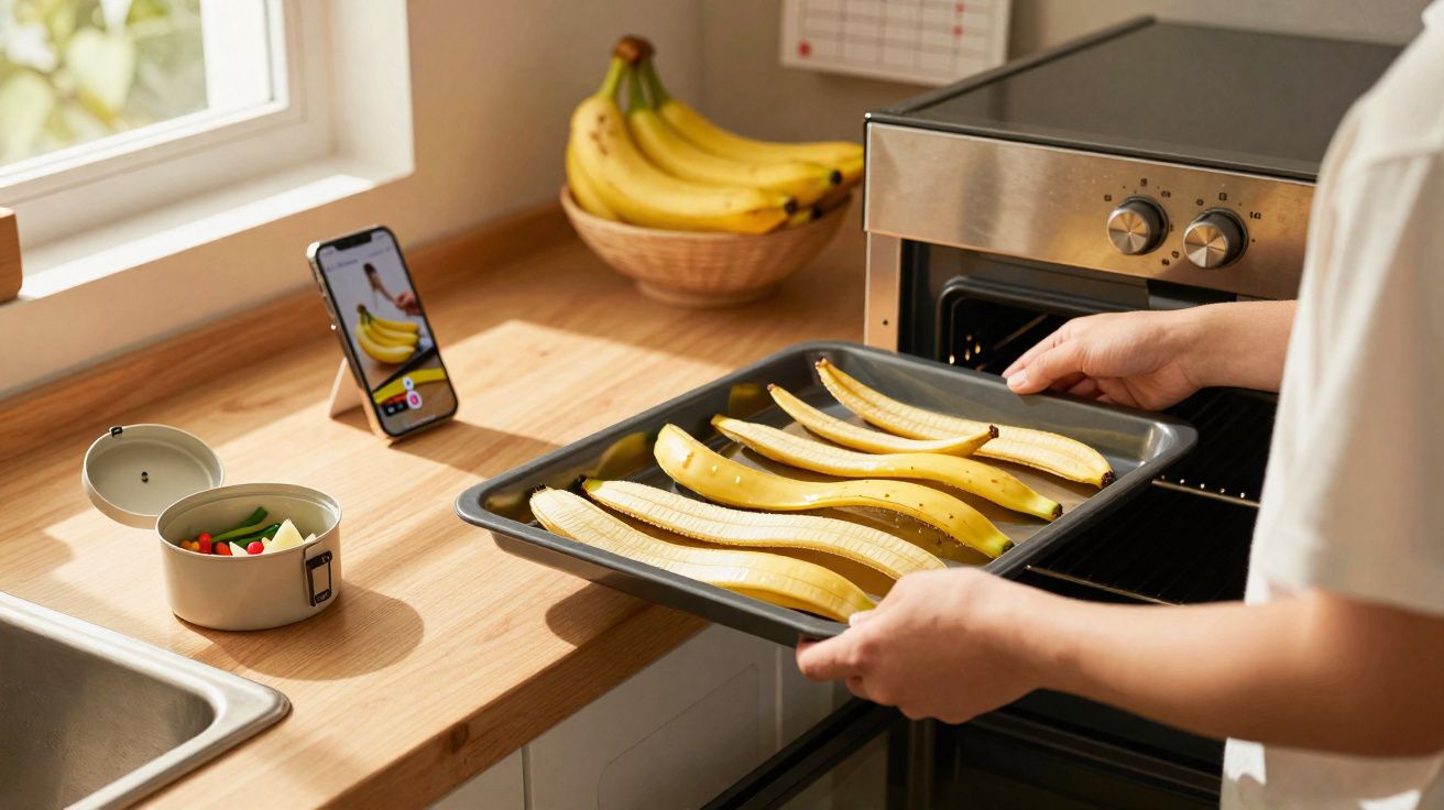 Person placing a tray of peeled banana halves into an oven on a wooden kitchen counter.