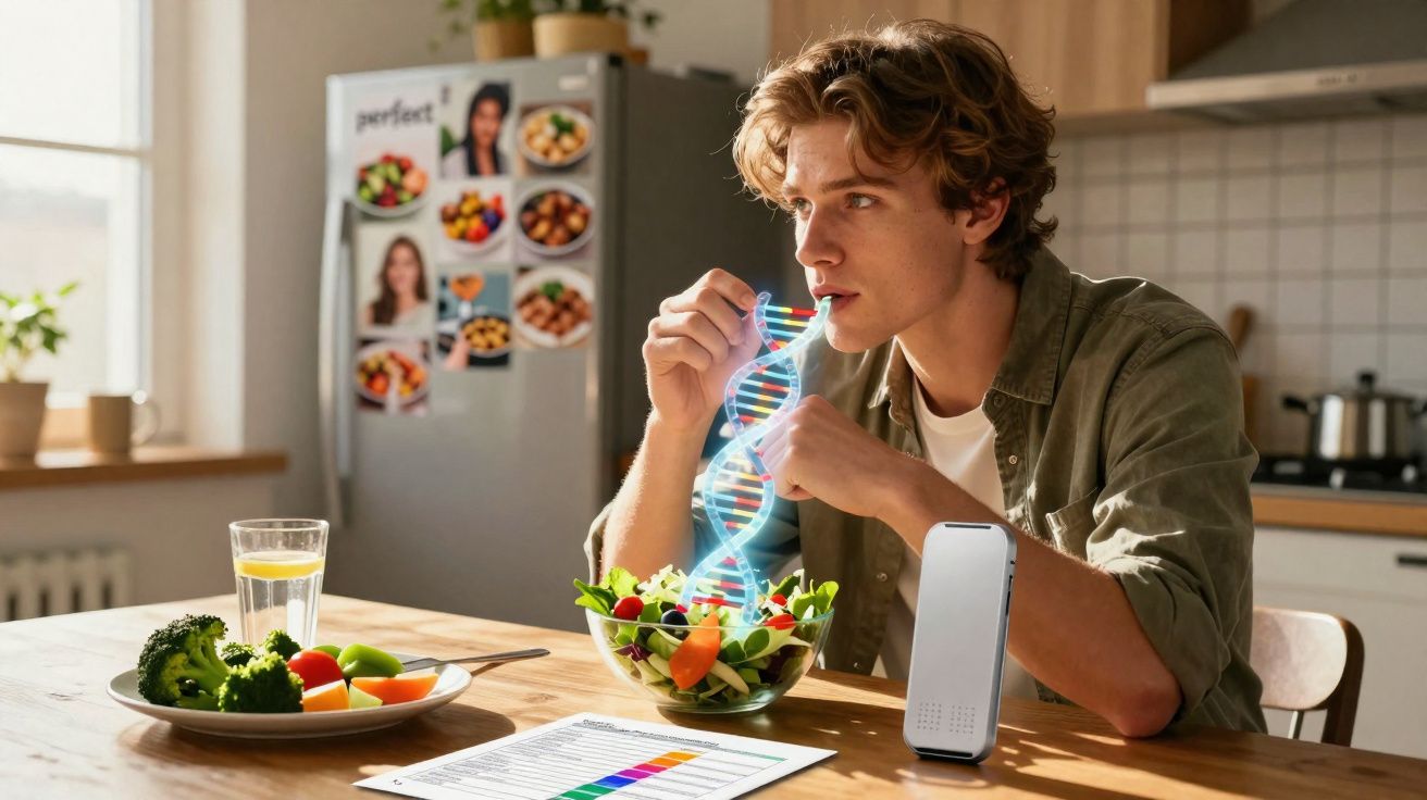 Young man in kitchen eating salad with holographic DNA strand emerging, next to vegetable plate and documents.