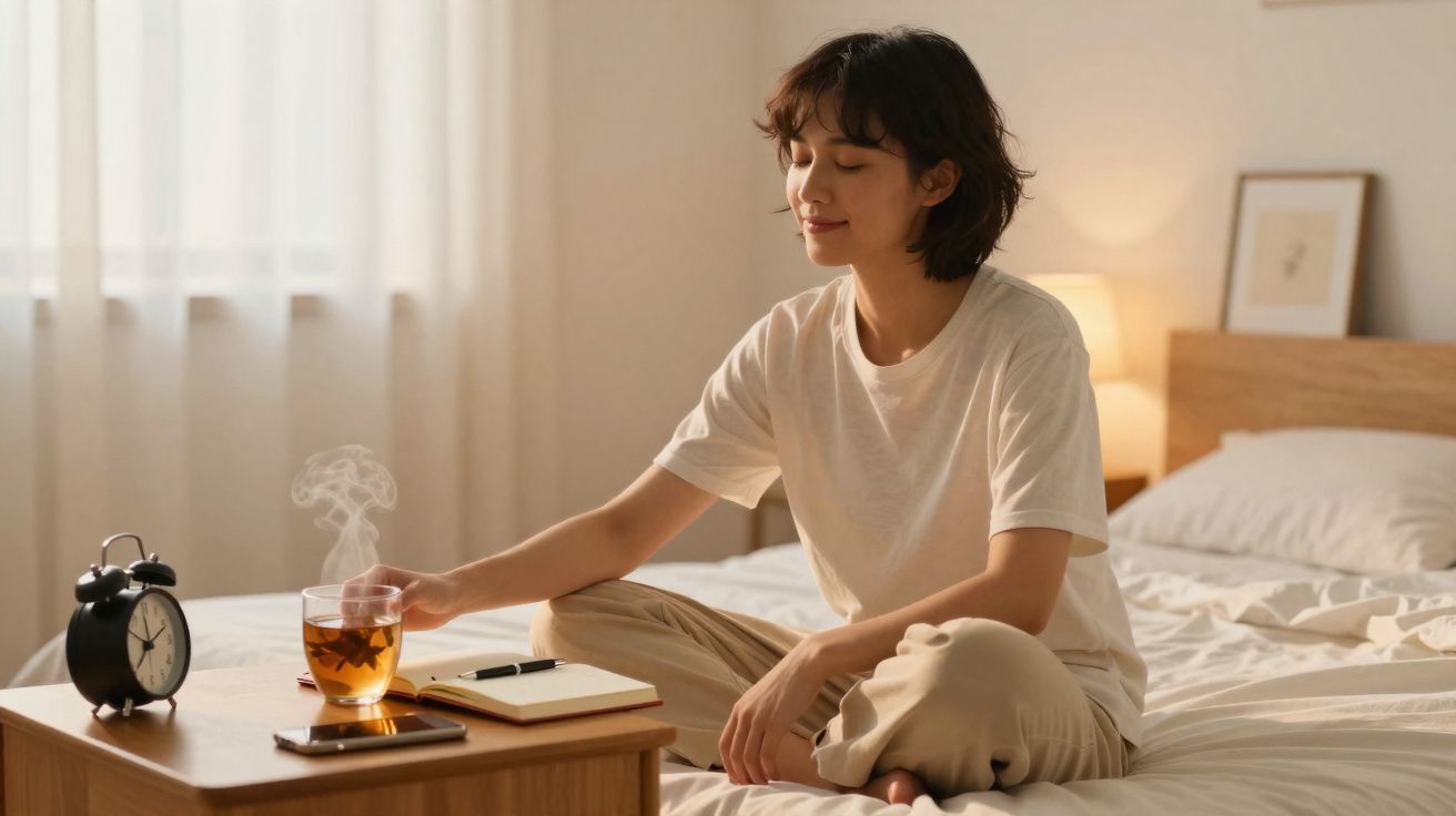Woman sitting cross-legged on bed reaching for a steaming glass of tea on a bedside table with an alarm clock and notebook.