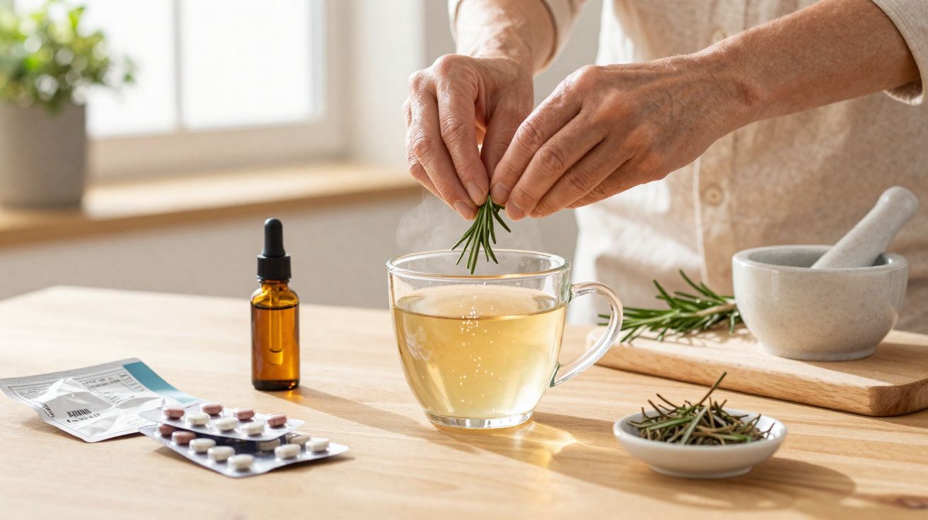 Hands placing fresh rosemary into a steaming cup of herbal tea on a wooden kitchen table.