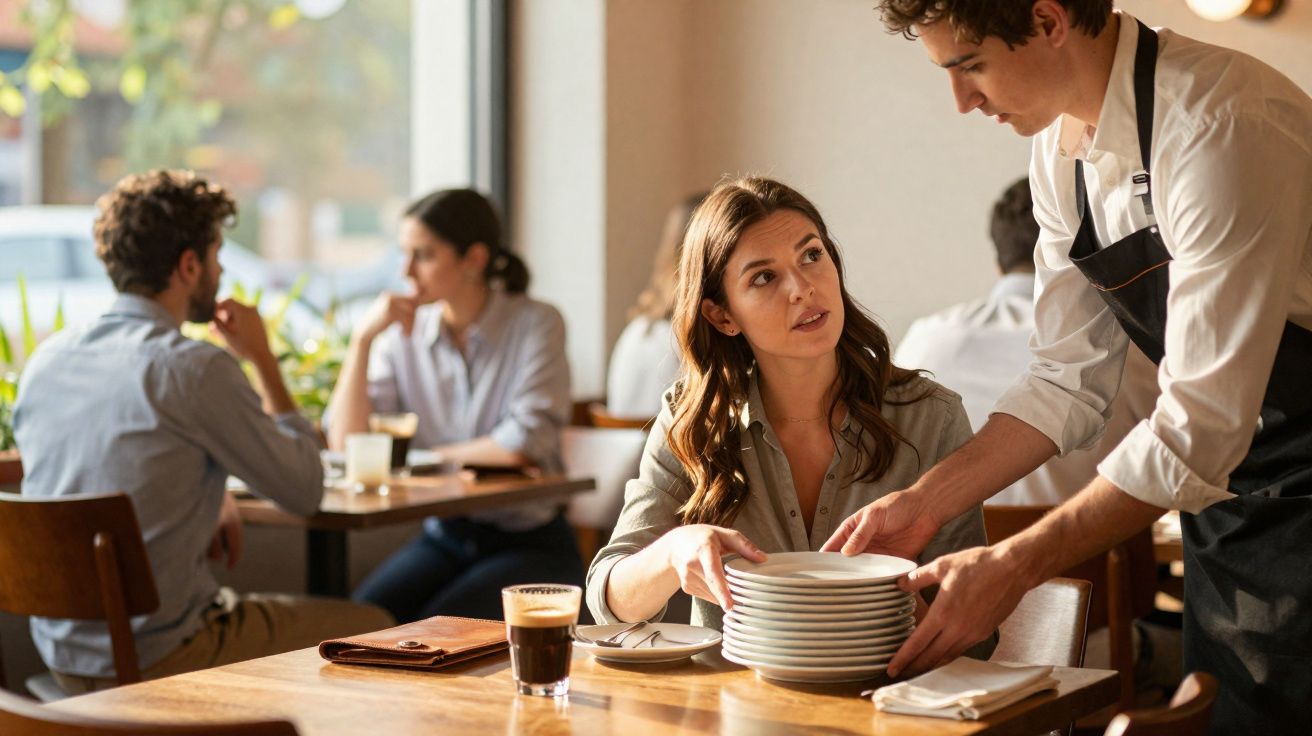 Waiter serving a woman multiple plates at a café, with other customers seated in the background.